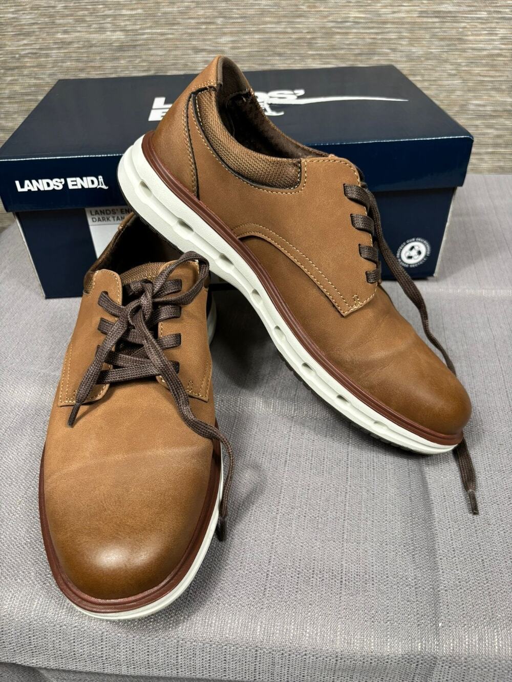 Lands End Sport Oxford Comfort Shoes Mens Size 8 Dark Tan White 1908426